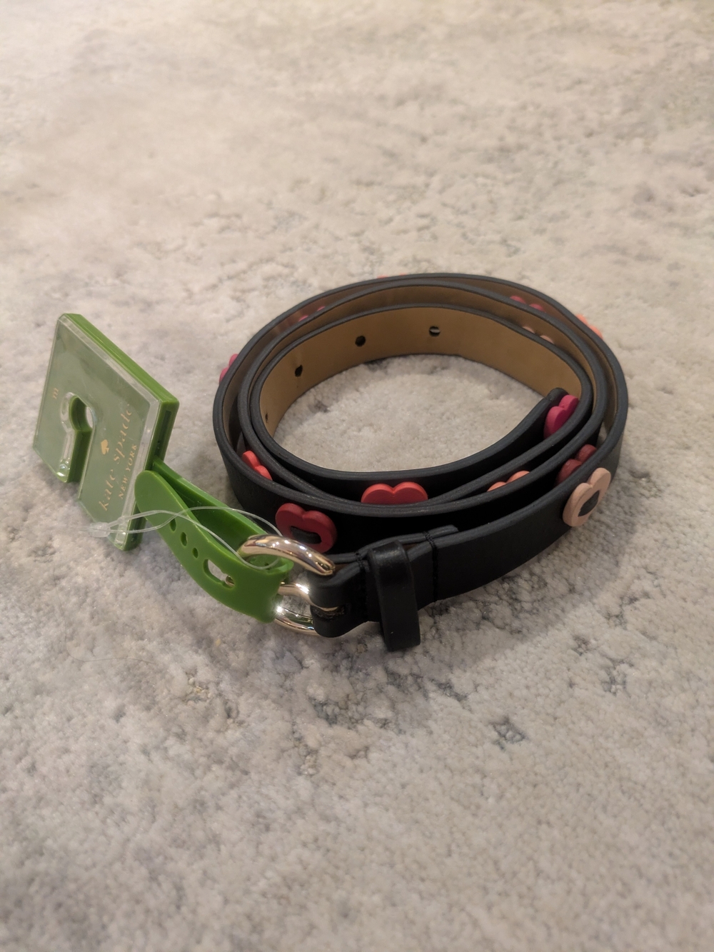 Kate Spade NWT Black Leather Belt Pink Coral Heart Appliqué
